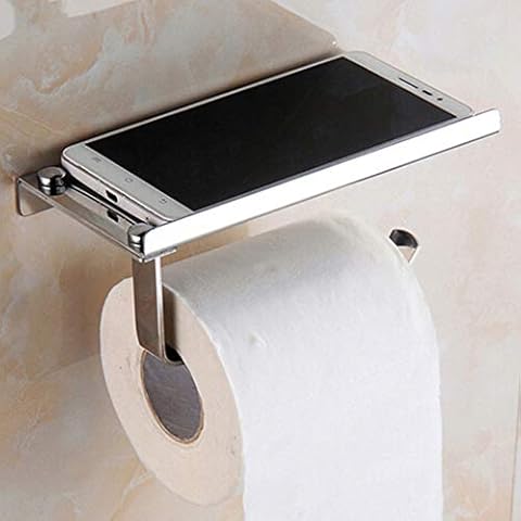 Toilet Paper Roll Holder Stainless Steel Wall Mounted Bathroom Tissue Storage with Phone Holder Shelf Stand Cover