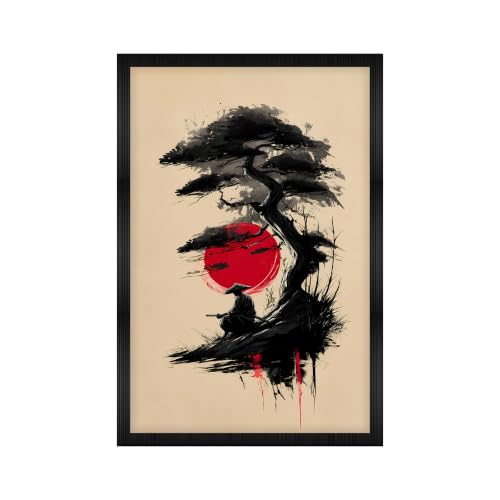Image of Samurai & Bonsai Premium Framed Wall Poster (12x18 Inch) | Japanese Warrior & Red Sun Wall Art | Zen Asian Decor for Bedroom, Living Room, Office & Workspace | Ready-to-Hang Display Frame