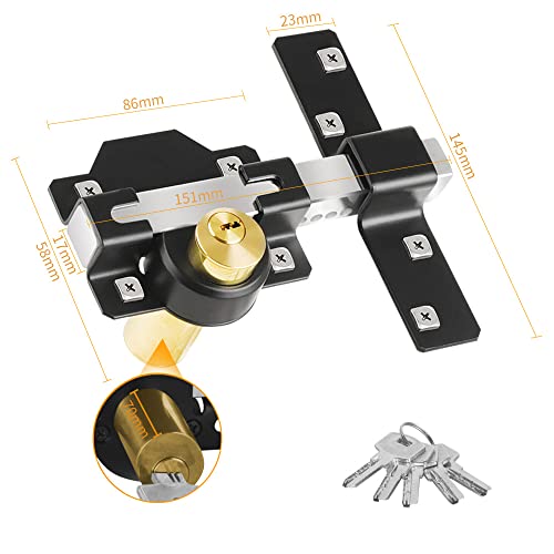 Long Throw Gate Lock, Double Sides, 70mm, Stainless Steel, for Wooden Garden Door/Gate, 5 Keys
