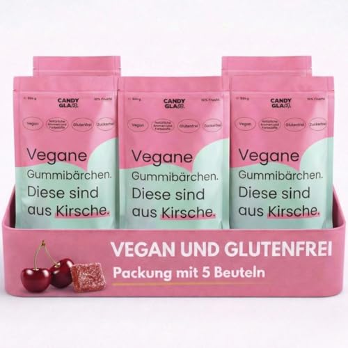 Fruchtgummis Vegan Kirsche Pack 5 Beutel – Ohne Zuckerzusatz, Ohne künstliche Farbstoffe – Gesunde Snacks für Kinder – Glutenfrei, Ballaststoffreich – Veganer Fruchtgummi mit intensivem Geschmack