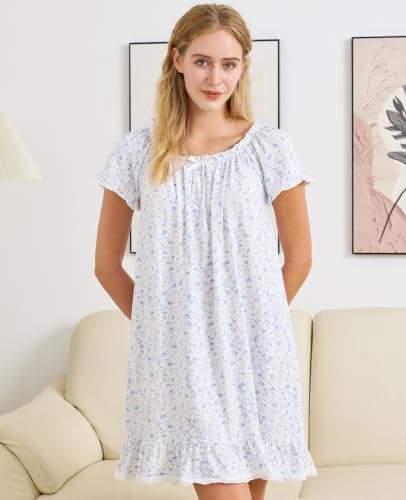 Image of Nanxson Women's Cotton Nightgown Short Sleeve Sleepwear Vintage Nightshirt | Summer Victorian Sleepdress,White Sleepshirt,U Neck Lace Loungewear,Soft Nightshirt,Loose Loungedress,Bride Nightwear