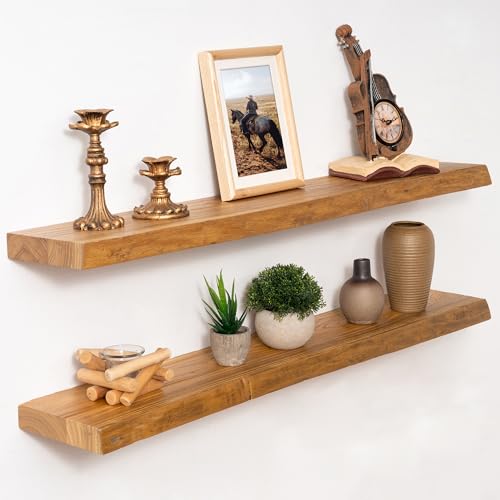 Marsmiles 36 inch Floating Shelves for Wall Elm Wood Live Edge Shelves|Rustic Wall Shelves with Invisible Heavy-Duty Bracket for Bathroom Living Room Kitchen|Natural 2 Pack