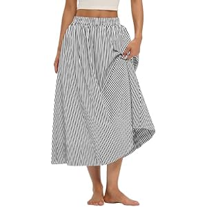 LOMON Midi Skirts for Women A-Line Cotton Flowy Maxi Skirt Boho Summer Beach Casual Elastic Waist Dress Outfit with Pockets