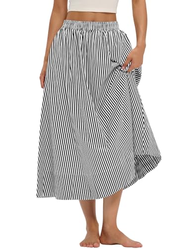 LOMON Midi Skirts for Women A-Line Cotton Flowy Summer Skirt with Pockets Elastic High Waist Boho Beach Vacation Casual Maxi Skirt (Black Striped, M)