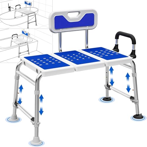 Heavy Duty Width Adjustable Bath Tub Transfer Shower Bench for Inside Tub Extended Shower Chair with Adjustable Height and Reversible Backrest Handicap Shower Chair Seat for Elderly and Disabled