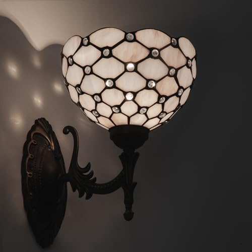 Image of Tiffany Wall Sconce Hand-Weld Stained Glass Bedside Lamp with Classic 8 Inches Lampshade for Bedroom Hallway Living Room Home Office (Gray White)