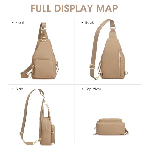 Image of Kattee Small Leather Sling Bag for Women with RFID Blocking,Tan | Top grain pebbled leather with RFID blocking, multiple pockets, and a convertible strap for travel.