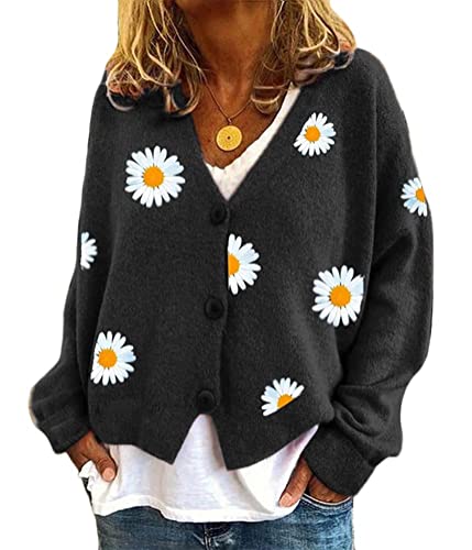 ORANDESIGNE A Noir Femme Cardigan Manches Longues Mode Veste Courte Lâché Gilets en Tricot Imprimé Marguerites Chandail Chaud Bouton Ouvert Blouson Sweater Outwear Haut Top XL