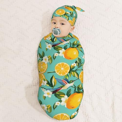 Image of Hummingbirds and Lemon Newborn Swaddle Blankets Hat Sets Soft Baby Receiving Blanket Swaddle Sack for Baby Shower Infant Boy Girl Gift