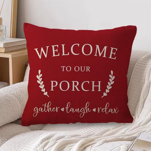 ULOVE-LOVE-YOURSELF-Porch-Decor-Throw-Pillow-Covers-18x182Pack-Country-Farmhouse-Pillowcases-Welcome-to-Our-Porch-Stay-Awhile-Front-Porch-Bench-Decor-Cushion-CoversRed ULOVE LOVE YOURSELF Porch Decor Throw Pillow Covers 18x182Pack Country Farmhouse Pillowcases Welcome to Our Porch Stay Awhile Front Porch Bench Decor Cushion CoversRed