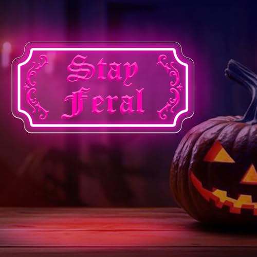 Image of Stay Feral Neon Sign Gothic Decor LED Light Goth Lover Gift | USB Powered Dimmable Halloween Decoration Bat Neon Sign Decor Ghost Spooky Wall Art 15.7 inchx7.9 inch Pink