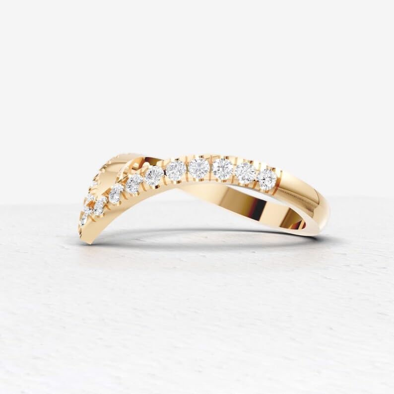 14k Gold Diamond Wedding Band for Women V Shape Curved Stacking Ring Dainty Pavé Diamond Contour Ring Delicate Gold Band for Her Anniversary or Bridal Jewelry4