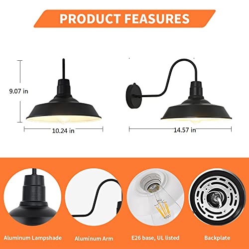 Image of Outdoor Wall Lights, Dusk to Dawn Exterior Farmhouse Gooseneck Outdoor Light Fixture, Anti-Rust Waterproof Barn Lights, Vintage Black Outside Wall Mount Light Fixture for Front Porch, Entryway, Garage
