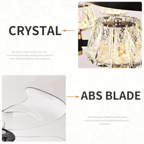 Image of Glowave Luxury Chandelier Ceiling Fan with Retractable Blades Crystal Glass Shades LED Light Remote Controlled Black & Gold Finish - Tricolour |White, Warm White, Natural White| (FI-7660)