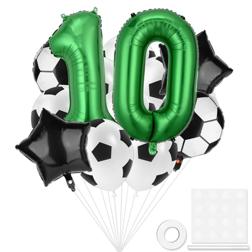 Soccer Balloons, 10th Birthday Decoration, World Cup Soccer Sports Theme Party Supplies, 32inch 10 Number Green Foil Balloon for Boys Football Soccer Party Sports Anniversary Baby Shower Decorations
