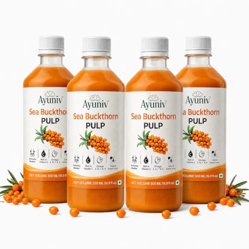Image of Ayuniv Himalayan Sea Buckthorn Juice 500ml | Omega 3 6 7 9 | Vitamin C Rich | Natural Antioxidant Drink | Supports Immunity, Gut Health, Skin & Hair | No Added Sugar (4, 2000ml)