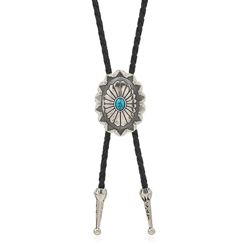 FGSS Vintage-Turquoise Oval-Bolo-Tie for Men - Western Cowboy Bola Necktie Retro Leather Necklace for Men Women