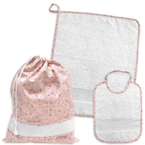 Set asilo da ricamare a punto croce, tre pezzi, sacchetto salvietta e bavaglia, spugna bianca, tela aida, punto croce, set asilo da personalizzare con ricamo a punto croce (81 Casette rosa)