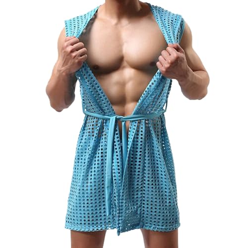 MODSGUE Albornoz para hombre, transparente, con capucha, de malla, camisón de malla transpirable, cordón en la cintura, sin mangas, hueco, cómodo, mono, azul, XL