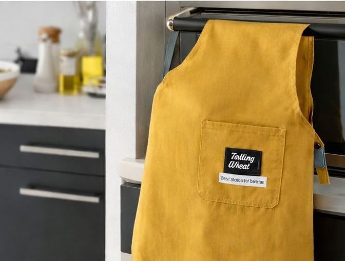 Image of Kitchen Apron, Yellow Cotton Water Resistant with Adjustable Cross Back Straps, Front Pocket, Ergonomic Design