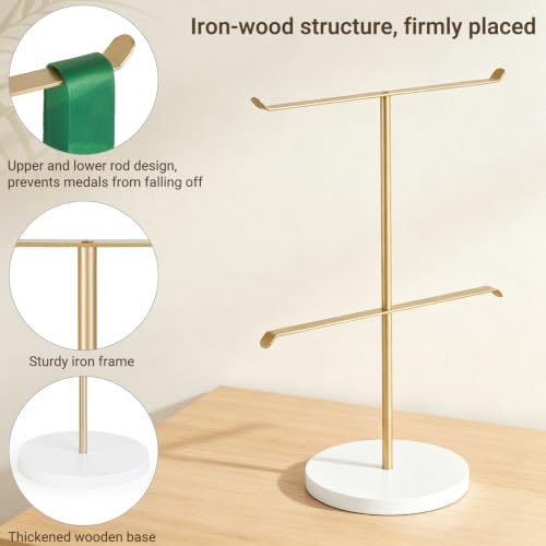 Image of Mkono Medal Hanger Display, Metal Medal Holder, Race Award Medals Display Stand for Running, Sports, Marathon, Wrestling, Taekwondo, Wood and Iron Material, 12x16 Inches (Gold and white)