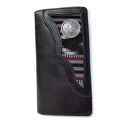 Carteiras de couro legítimo de flor integral de qualidade premium com design durável e artesanato - Feito nos EUA - R.G. BULLCO, Estilo 5013-20 - Preto - Carteira de couro com cobertor indiano escuro e concho, Large,