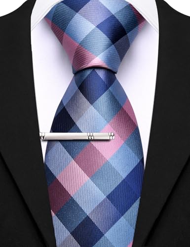 Image of Barry.Wang Plaid Ties Mens Silk Necktie and Tie Clip Checkered Tie for Wedding Party Business Formal