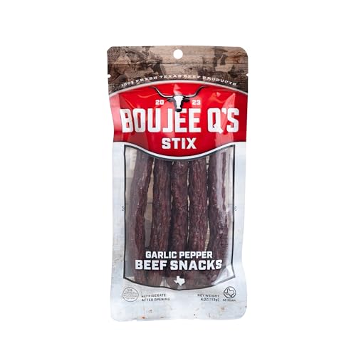 Boujee Q’s Garlic Pepper Beef Stix - 100% Soft Beef Snack Sticks with Savory Garlic & Cracked Black Pepper - Smoked Jerky-Style Protein Snack - Gluten-Free, Low Carb, No Sugar, Keto Friendly, Made in USA - 4 oz