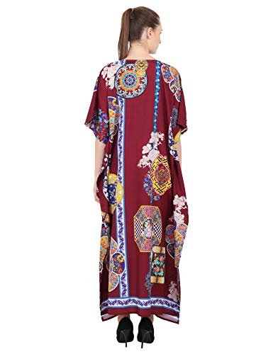 Image of Miss Lavish London Maroon Kaftan Dresses for Women V Neck Batwing Sleeve Beach Vacation Bikini Swimsuit Cover Ups,Resort Wear Cruise Coverup-Maroon-3XL