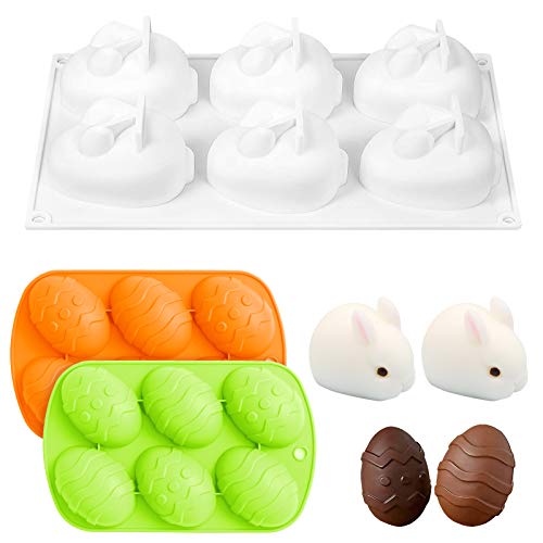 Silicone Chocolate Mold 2 Pack 6-Cavity Egg Shaped and 1 Pack 6 Holes 3D Rabbit Cake Moulds for Easter Candy Molds Jelly DIY Ice Bunny Baking Set Green Orange White