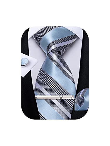 Image of DiBanGu Mens Striped Tie Silk Woven Necktie and Pocket Square Cufflinks Tie Clip Set Wedding Business Formal Gift Tie for Men