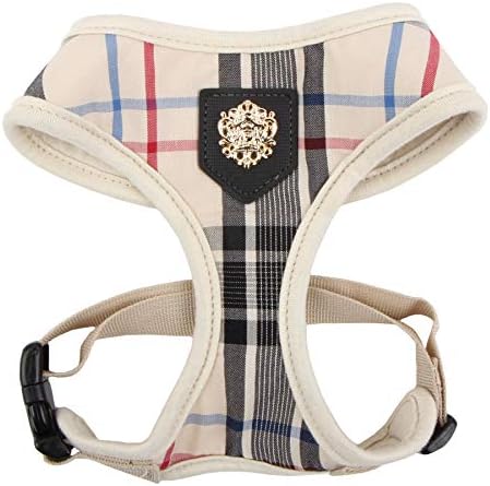 Puppia Junior Over-The-Head Dog Harness Checkered Pattern No Choke No Pull Adjustable Chest Belt Walking Training for Small and Medium Dog, Beige, X-Large