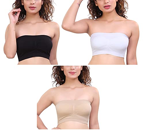 Image of GLAMORAS Women's Nylon Spandex Tube Bra Padded Wire Free Seamless Stretchable Strapless Bandeau Bralette Bras Free Size, White, Beige & Black