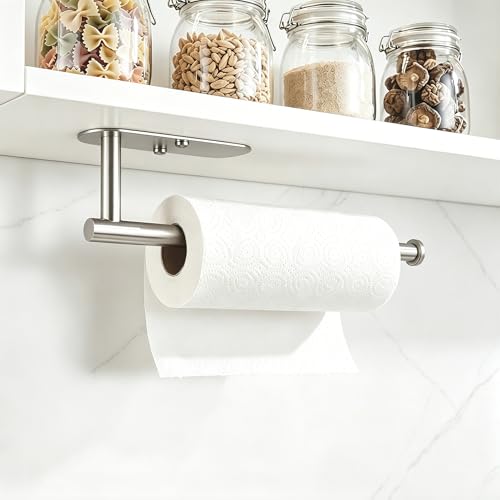 Image of Paper Towel Holder Under Cabinet - Self Adhesive Paper Towel Roll Holders Wall Mount, Stainless Steel Towel Rings for Kitchen Bathroom