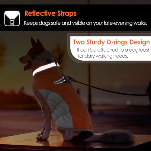Image of AOFITEE Dog Coat, Warm Dog Jackets for Large Dogs, Reflective Turtleneck Dogs Winter Coat with Harness Built in, Waterproof Windproof Pet Snow Jacket Fleece Vest for Cold Weather, Orange XXL