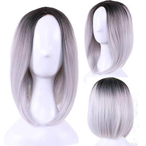 Pengruizhi 12" Blunt Ombre Bob Wig,Short Grey Wigs for Women- Straight Synthetic Party Wigs(Ombre Grey)