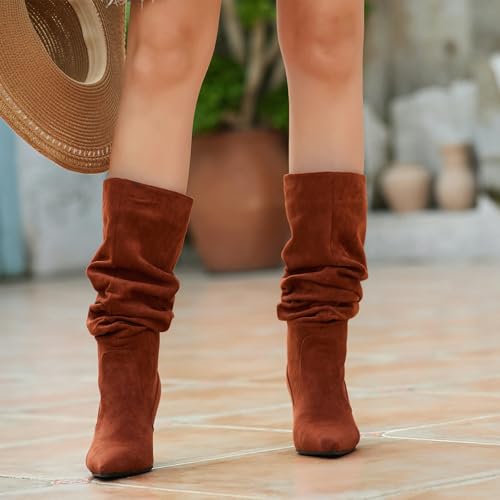 Women's Suede Slouchy Knee High Boots,Brown Stiletto High Boots Thigh High Boots, Knee High Pull On Boots of Women,Pointed Toe Mid Tall Boots Long boots4