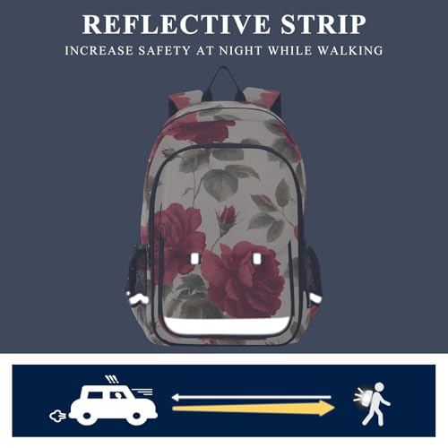 senya Red Stunning Roses Backpack Water-Resistant Bag Lightweight Bookbags with Reflective Strip4