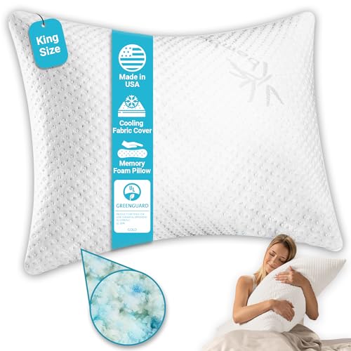 Xtreme Comforts Memory Foam Pillows Made in The USA - King Size, Slim Cooling Pillow for Sleeping on Side, Back & Stomach - Firm and Soft Bed Pillows