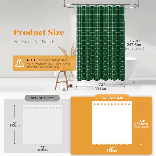 Image of BTTN Extra Long Shower Curtain - 72x96 Inch Long Boho Linen Fabric Heavy Duty Shower Curtain Set with Hooks, Tall Bohemian Farmhouse Shabby Chic Tassel Shower Curtains for Bathroom - Emerald Green