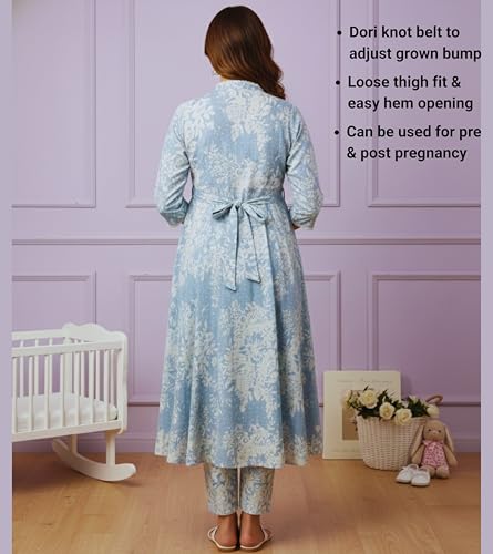 Image of DUMMY SHAPE Maternity Dresses for Women Cotton Blend | Floral Kurta Pant Dupatta Set with Nursing Zippers to Pre & Post Partum | Feeding Kurtis | Mom to Be Gifts for Pregnant Woman