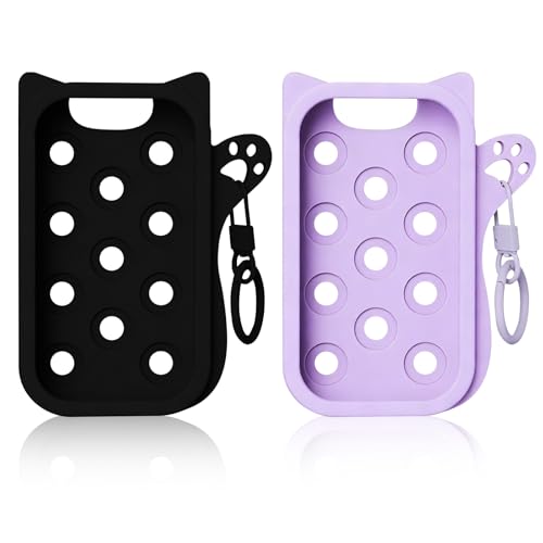 2 fundas de silicona para espray desinfectante de manos Touchland Power, llavero de moda con forma de gato y anillo metálico giratorio de 360°, morado y negro.