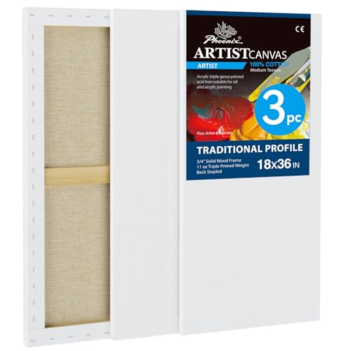 PHOENIX 18x36 Inch 3 Pack Artist Canvas - Extra Large Long Stretched Canvases for Painting - 3/4 Inch Profile, 100% Cotton 11 Oz. Gesso Primed White Blank Professional Canvas Oil & Acrylic Paints