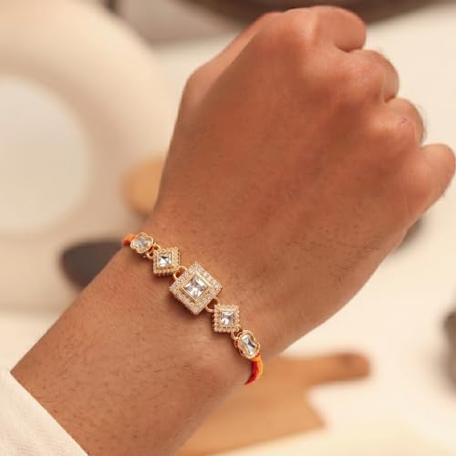Image of Peora Om Shree Ram Swastik Rakhi for Brother Bhaiya | Crystal & Beads Studded | Red Thread | Raksha Bandhan Hamper with Roli Chawal Greeting Card