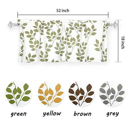 4 Panels Sage Green Valance Curtains 18 Inches Long Leaf Printed, Rod Pocket Short Curtain Valances For Kitchen/Windows/Living Room/Bedroom/Bathroom 52 X 18 #TOP1