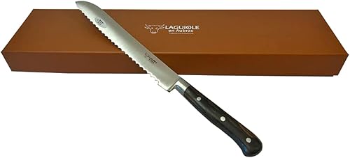Laguiole en Aubrac Cuchillo de pan clásico de acero inoxidable totalmente forjado fabricado en Francia con mango de Ziricote, 8 pulgadas