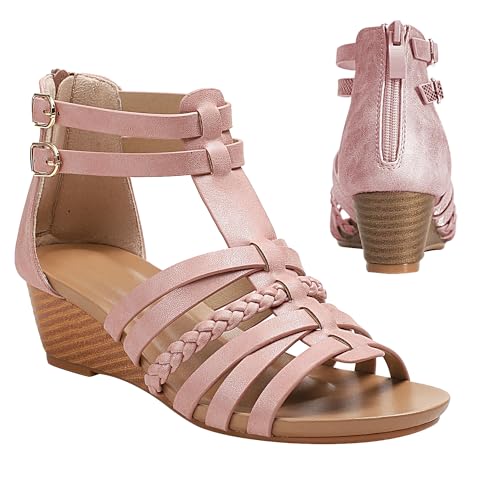 STMAHER Womens Gladiator Sandals Buckle Zipper Cross Thong Strappy Wedge Sandal Roman Shoes 2Pink 5/36