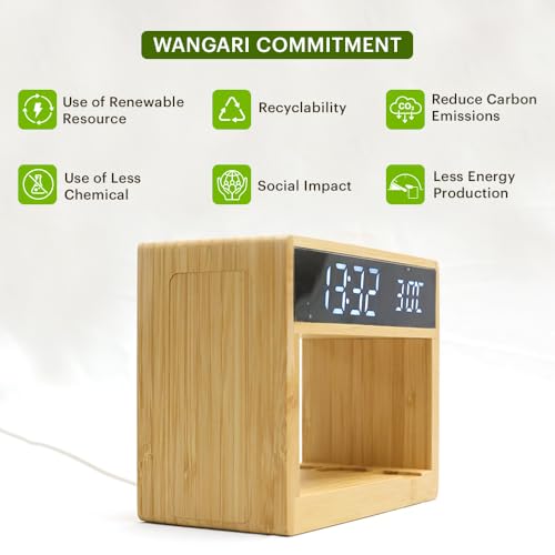 Image of Wangari Cypress 6-in-1 Bamboo Wireless Charging Station | Qi-Certified Fast Charger for Smartphone, Earbuds, Smartwatch | Digital Clock, Lamp & Temperature Indicator