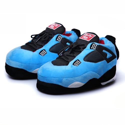 FLUFFYFUN Plush Sneaker Slippers for Men Women & Teens L 8.5-10.5 (Blue)