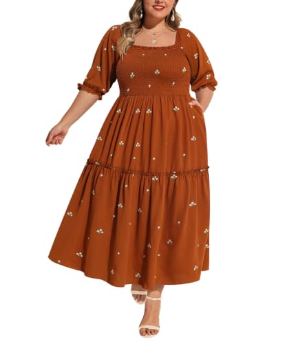 Image of RITERA Plus Size Dresses for Curvy Women Square Neck Short Sleeve Summer Floral Smocked Maxi Dress with Pocket XL-5XL